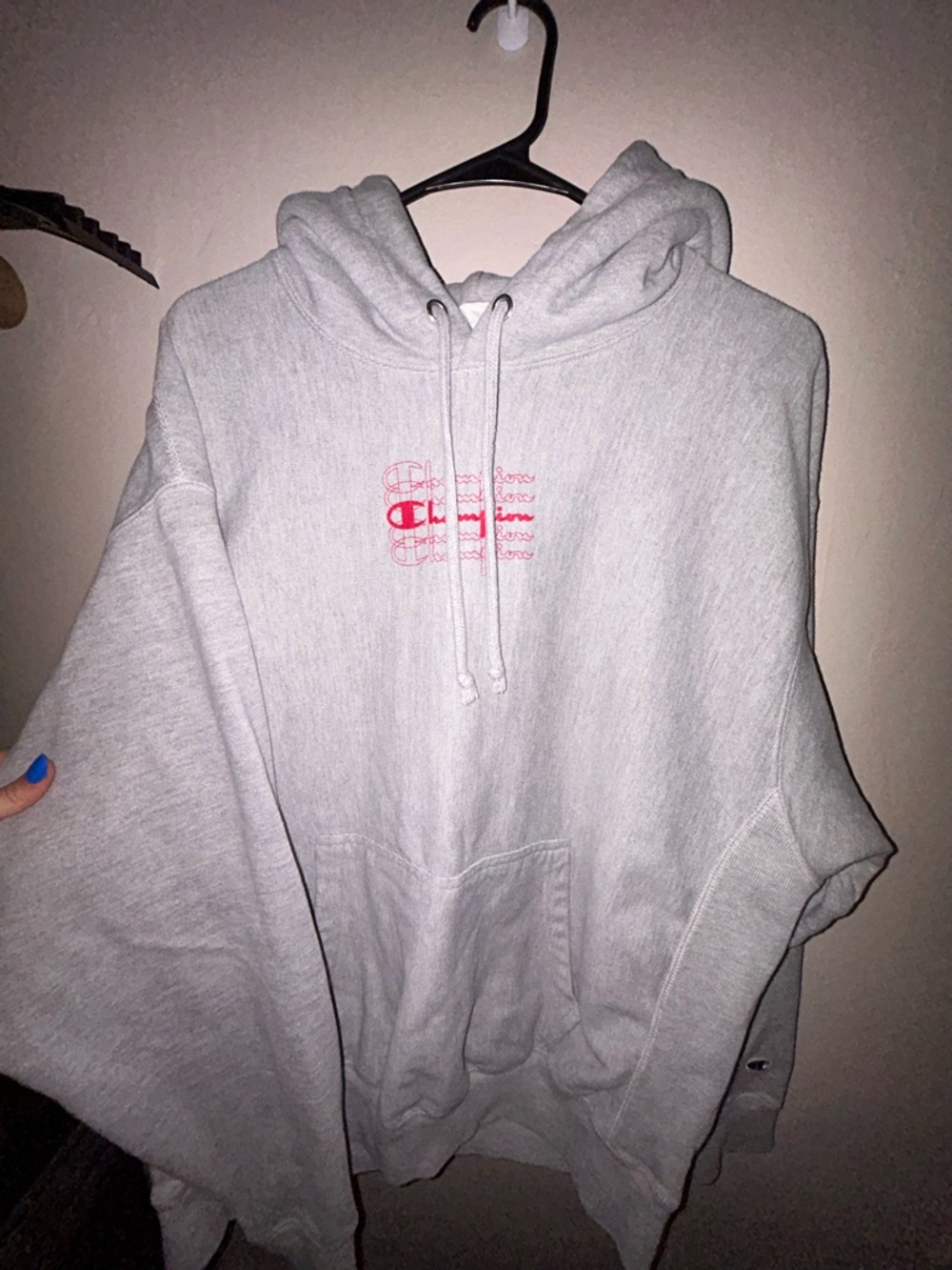 Champion Light Gray Hoodie with Red Script Logo